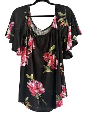 🌻 E. Luna Black Floral Flutter Sleeve Tunic Top - Pink Bloom 1X